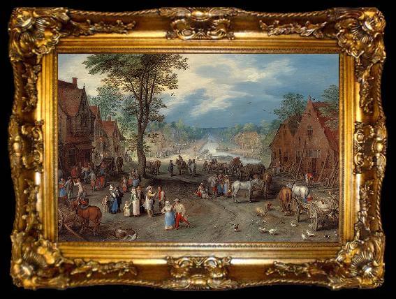 framed  Jan Brueghel The Elder Village Scene with a Canal,, ta009-2